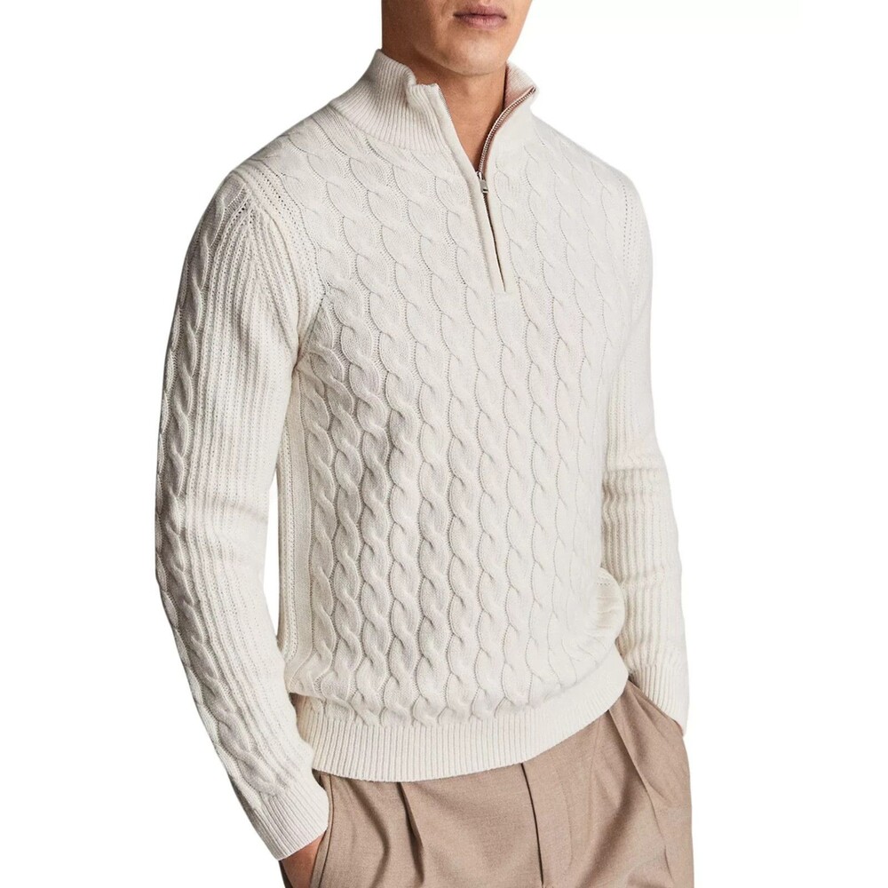 REISS Sweater Mens XL Ivory Quarter Zip Cableknit Wool Cashmere Jumper DEWI
